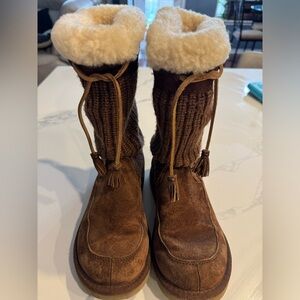 UGG Australia Suburb Brown Suede Crocheted Shearling Boots